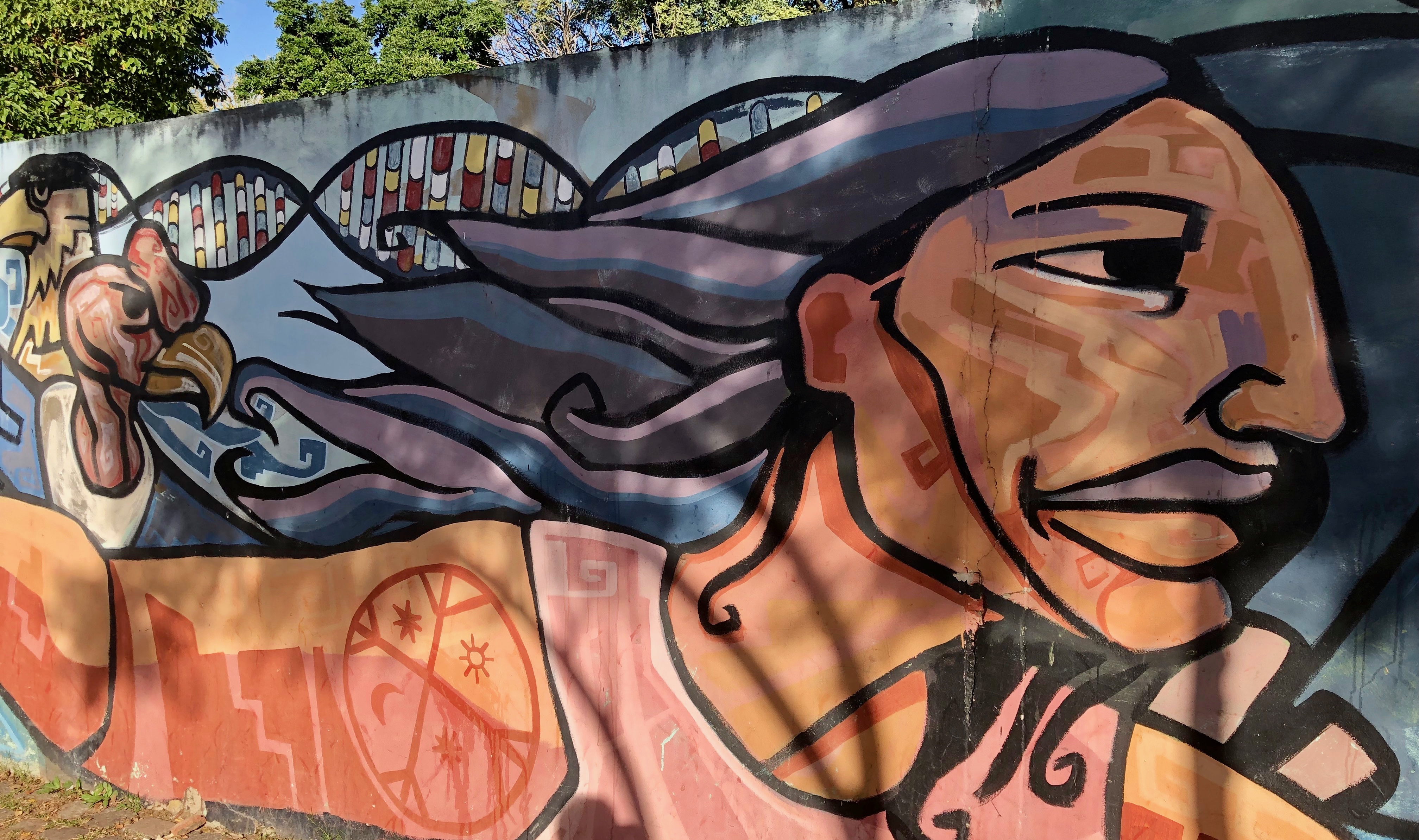 A mural in Buenos Aires with DNA double helix showing nucleotide pairs, native animals and people